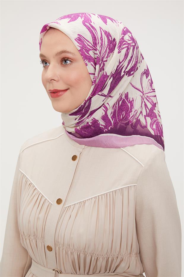 Pembe Çiçek Soyut Desen Modal İpek Eşarp