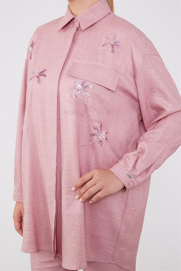 Pembe Pul İşlemeli Gölek Yaka İkili Takım