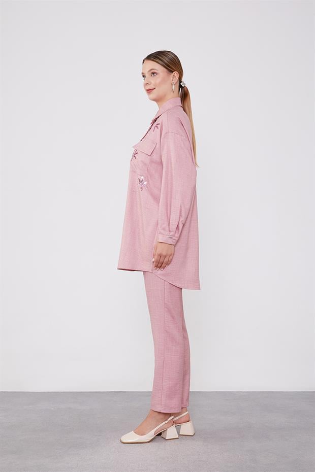 Pembe Pul İşlemeli Gölek Yaka İkili Takım