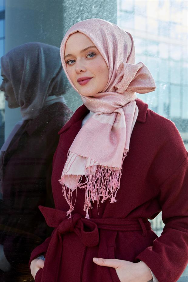 Pembe Püsküllü Etnik Kaşmir İpek Şal