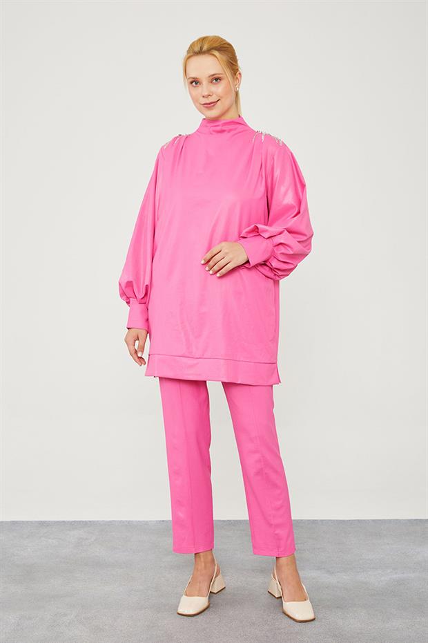 Pembe Taş Apolet Detaylı Pantolonlu Takım