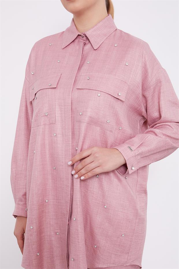 Pembe Taş İşlemeli Melanj Gömlek İkili Takım