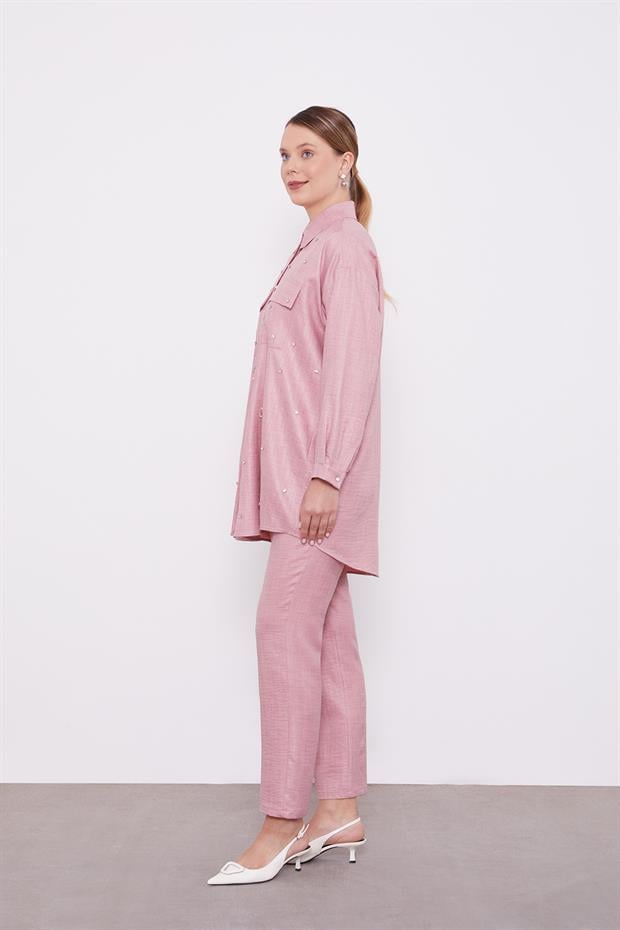 Pembe Taş İşlemeli Melanj Gömlek İkili Takım