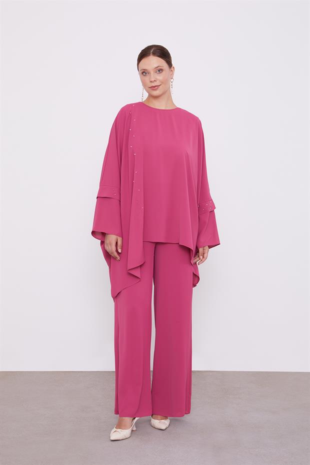 Pembe Taş İşlemeli Tunik Takım