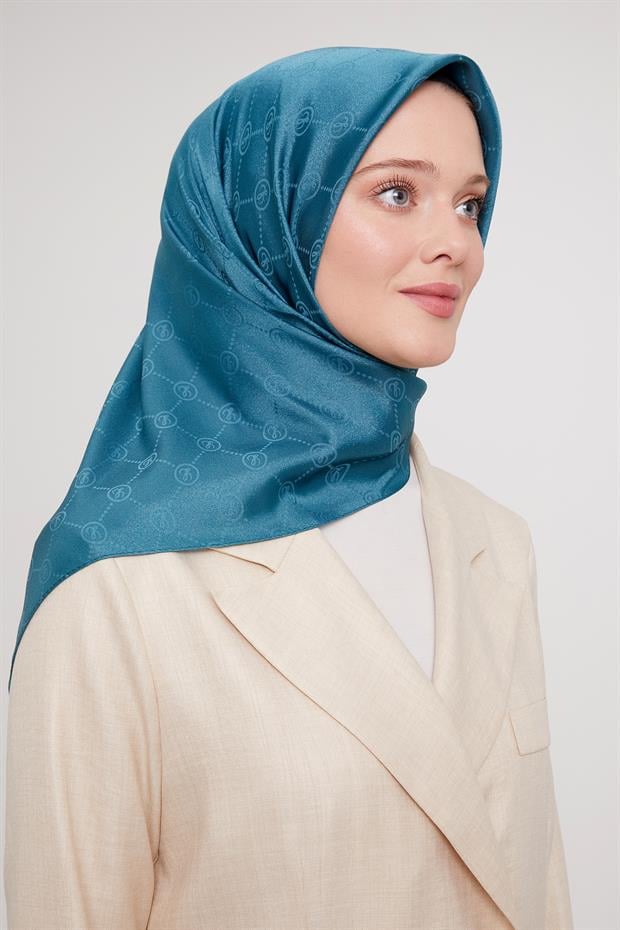 Petrol Mavi L Baskılı Kristal Jakarlı Eşarp