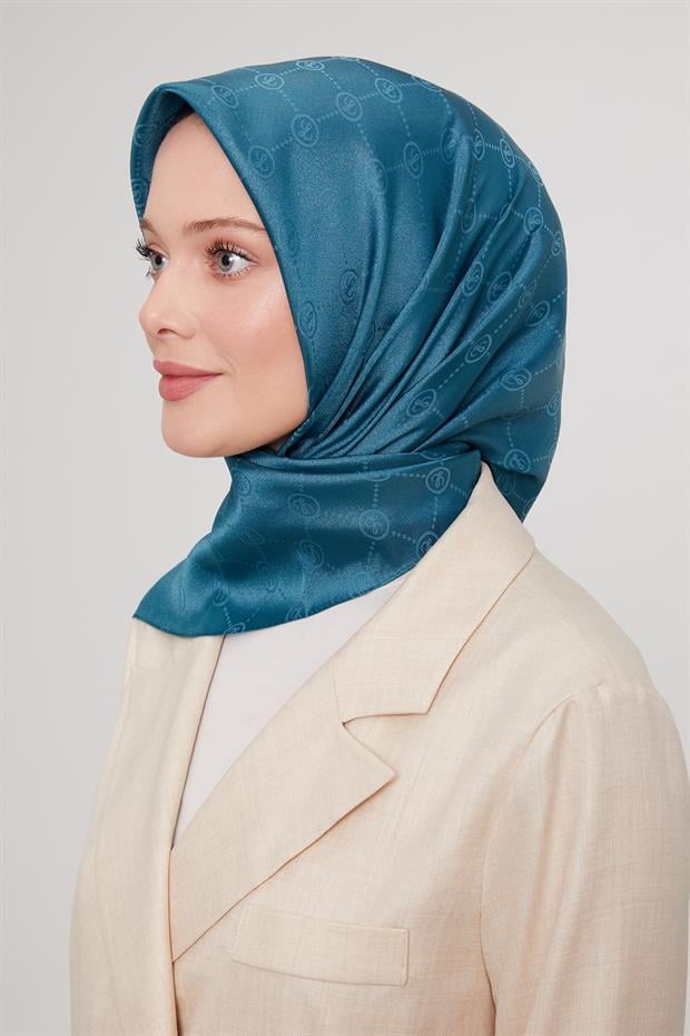 Petrol Mavi L Baskılı Kristal Jakarlı Eşarp