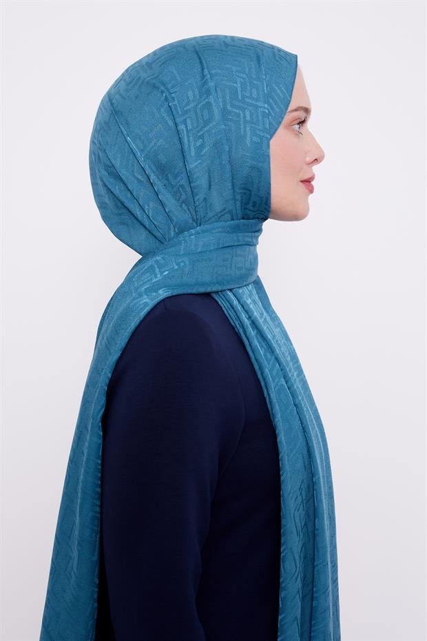 Petrol Yeşili Labirent Desen Jakarlı Janjan Şal