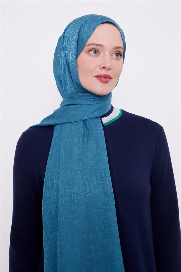 Petrol Yeşili Labirent Desen Jakarlı Janjan Şal