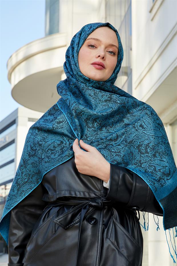 Petrol Yeşili Püsküllü Etnik Kaşmir İpek Şal