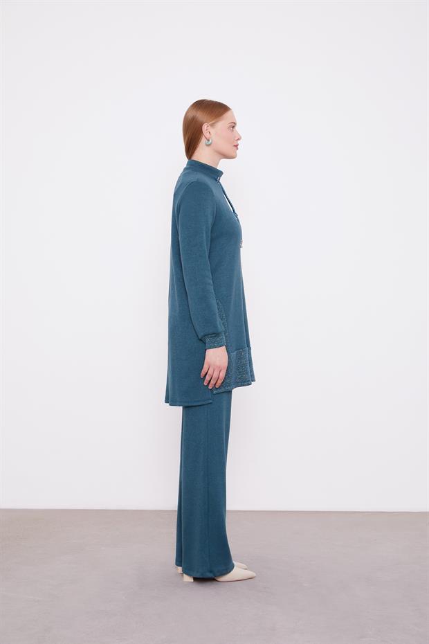 Petrol Yeşili Simli Kaşmir Kumaş İkili Takım