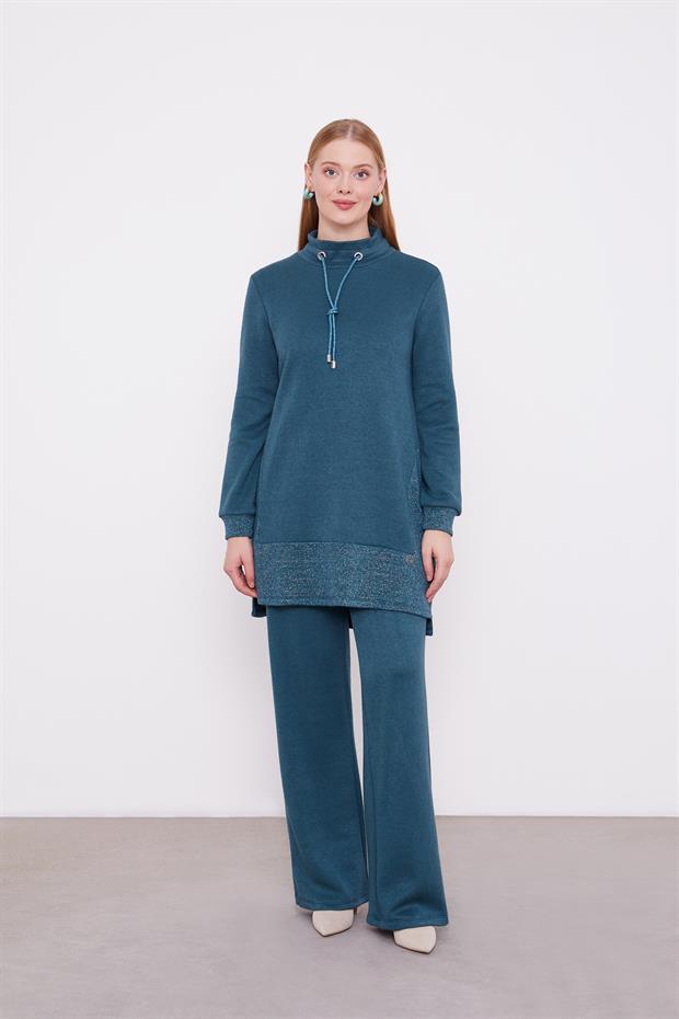 Petrol Yeşili Simli Kaşmir Kumaş İkili Takım