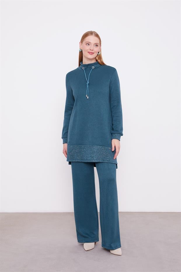 Petrol Yeşili Simli Kaşmir Kumaş İkili Takım