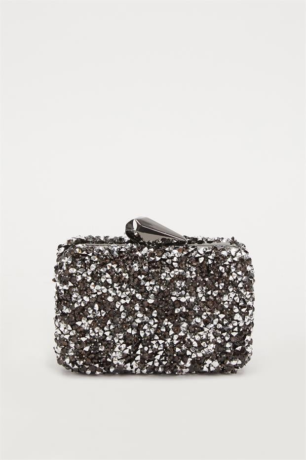 Platin Kare Taşlı Abiye El Çantası