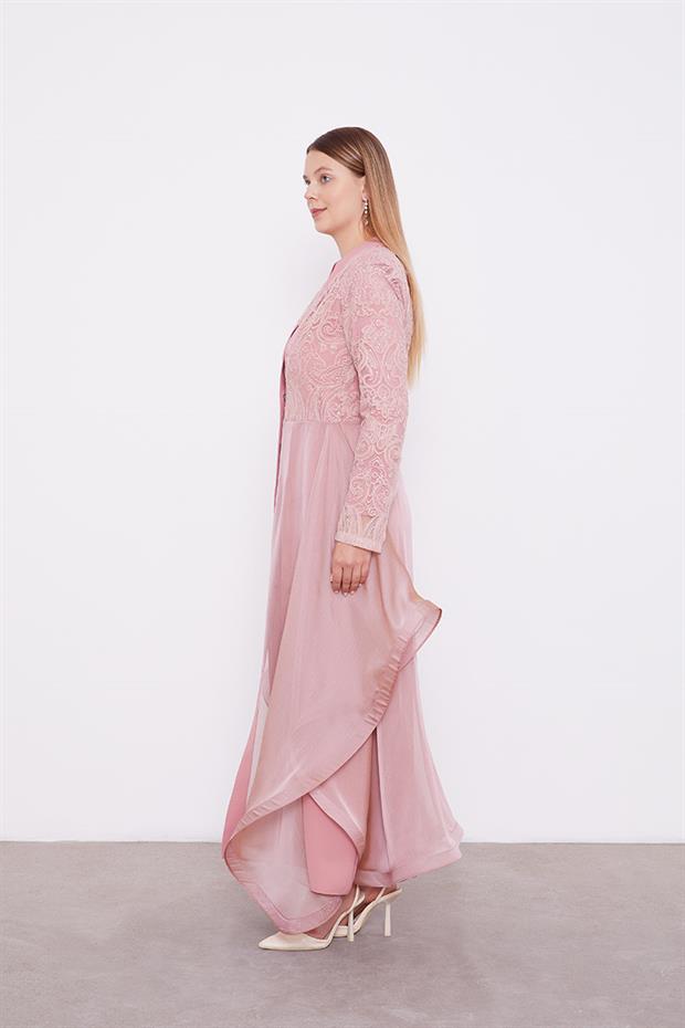 Pudra Abaya Üstü Garnili Asimetrik Etek Ucu Ferace