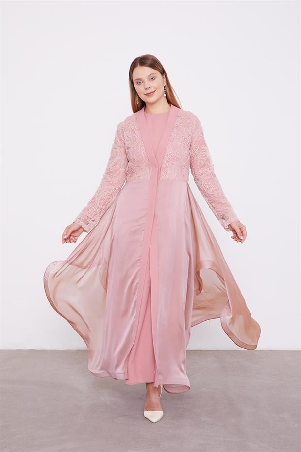 Pudra Abaya Üstü Garnili Asimetrik Etek Ucu Ferace