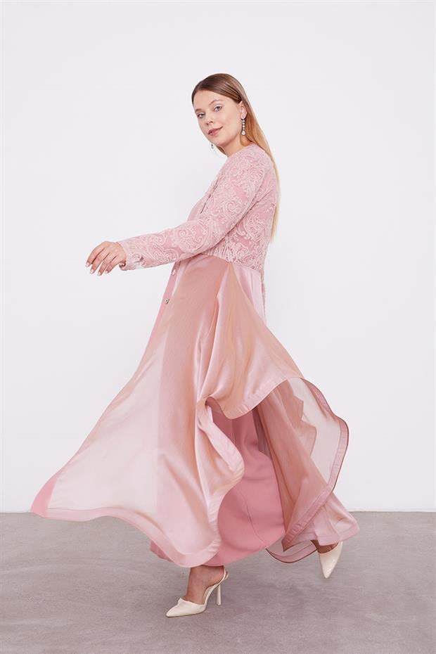 Pudra Abaya Üstü Garnili Asimetrik Etek Ucu Ferace