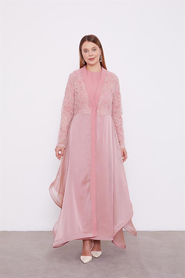 Pudra Abaya Üstü Garnili Asimetrik Etek Ucu Ferace