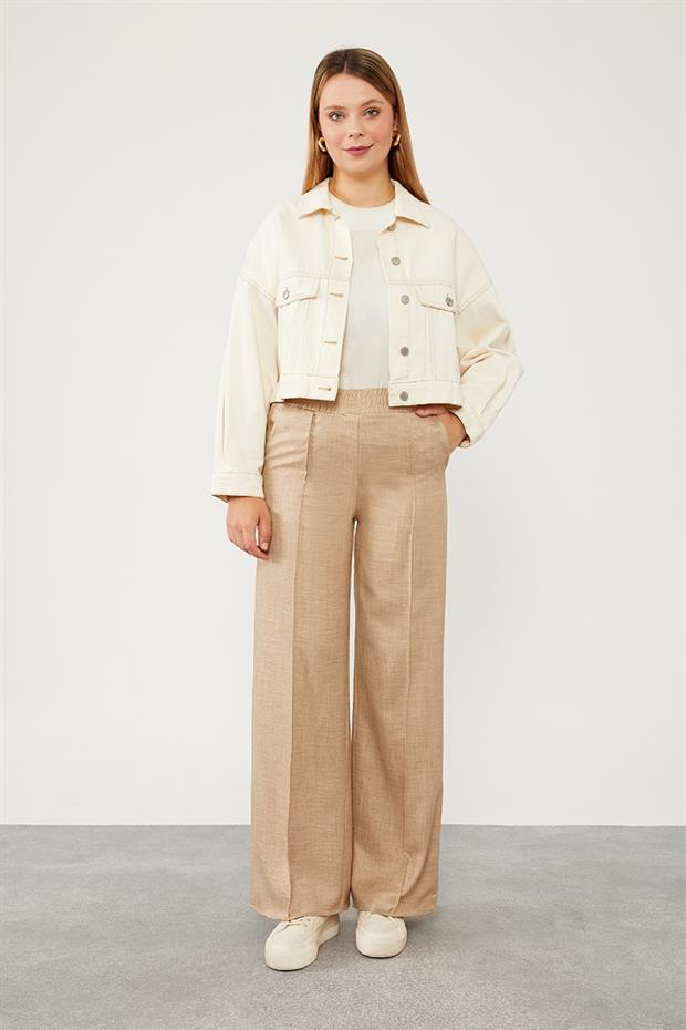 Pudra Belli Lastikli Çizgi Detay Pantolon