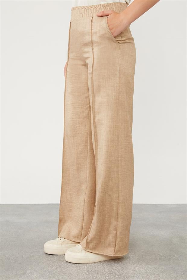 Pudra Belli Lastikli Çizgi Detay Pantolon