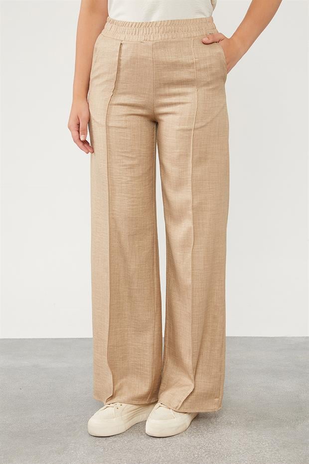 Pudra Belli Lastikli Çizgi Detay Pantolon