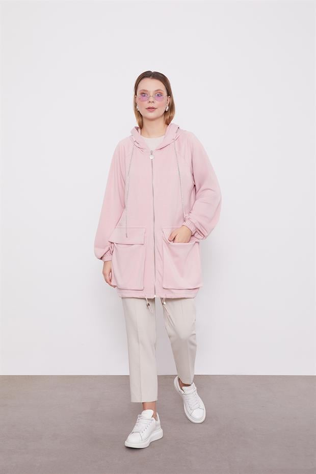 Pudra Kapüşonlu Taşlı İp Detaylı Kap