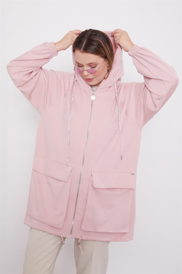 Pudra Kapüşonlu Taşlı İp Detaylı Kap