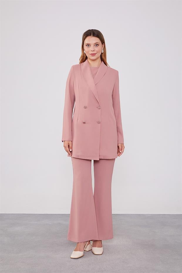Pudra Kruvaze Kesim Blazer Ceket Takım