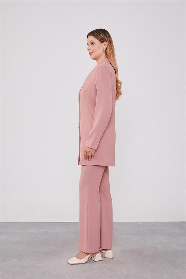 Pudra Kruvaze Kesim Blazer Ceket Takım