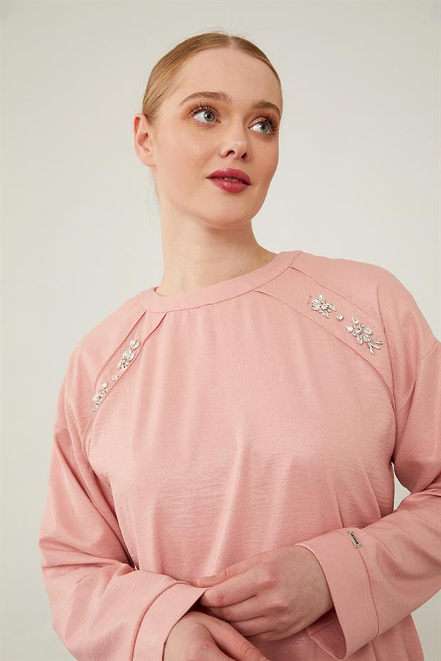 Pudra Önü Taş İşlemeli Geniş Pantolonlu Tunik Takım
