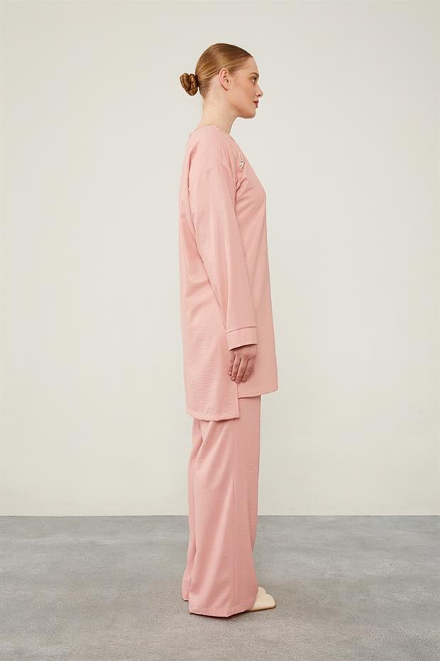 Pudra Önü Taş İşlemeli Geniş Pantolonlu Tunik Takım