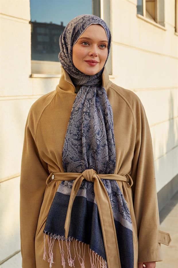 Pudra Püsküllü Etnik Kaşmir İpek Şal