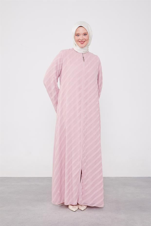 Pudra Sim Şeritli Fermuarlı Ferace