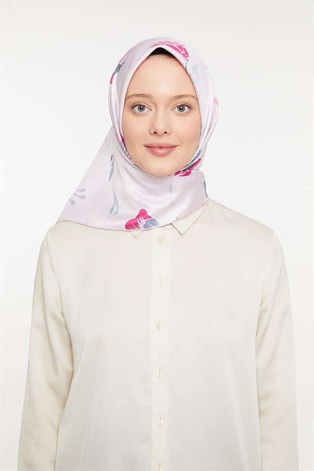 Pudra Çiçekli Trend Twill Eşarp