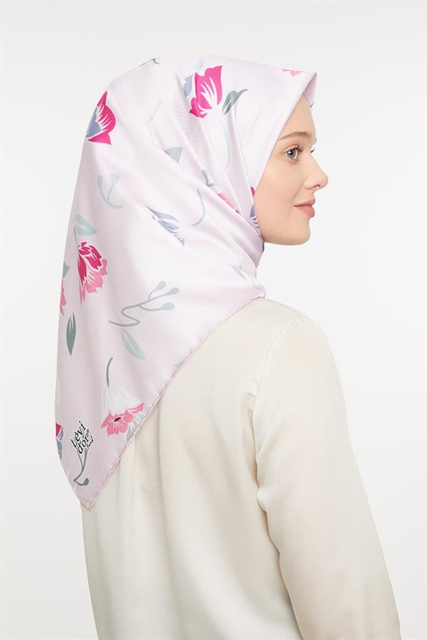Pudra Çiçekli Trend Twill Eşarp