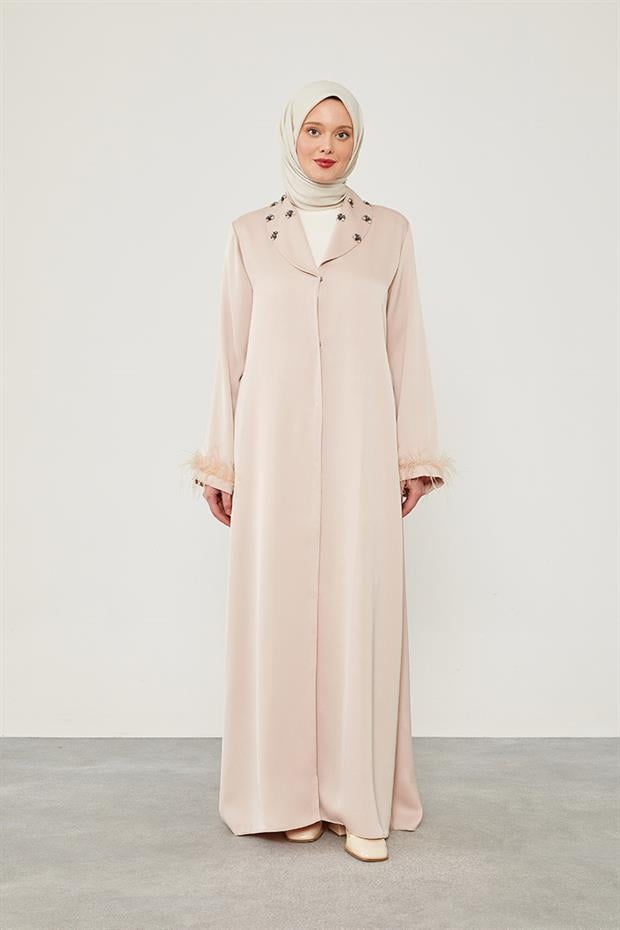 Pudra Tüy Detaylı Taş işlemeli Ferace