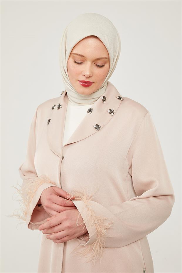 Pudra Tüy Detaylı Taş işlemeli Ferace
