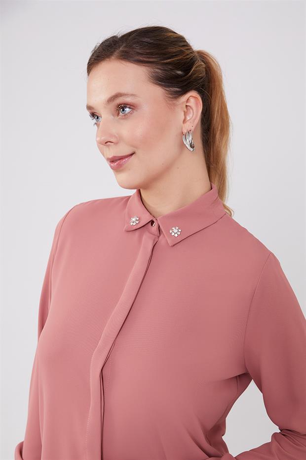 Pudra Yaka Taş Detaylı Tunik