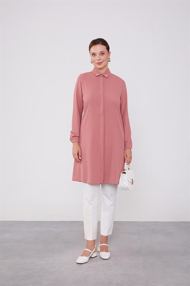 Pudra Yaka Taş Detaylı Tunik