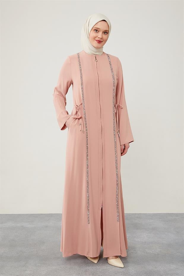 Pudra Yanları İp Bağlamalı Taş İşlemeli Ferace