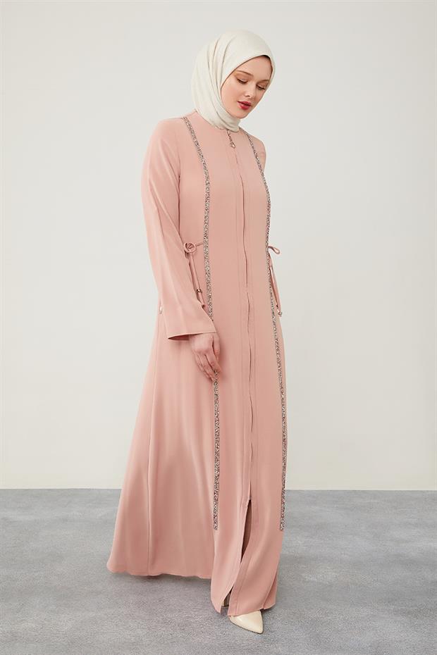 Pudra Yanları İp Bağlamalı Taş İşlemeli Ferace