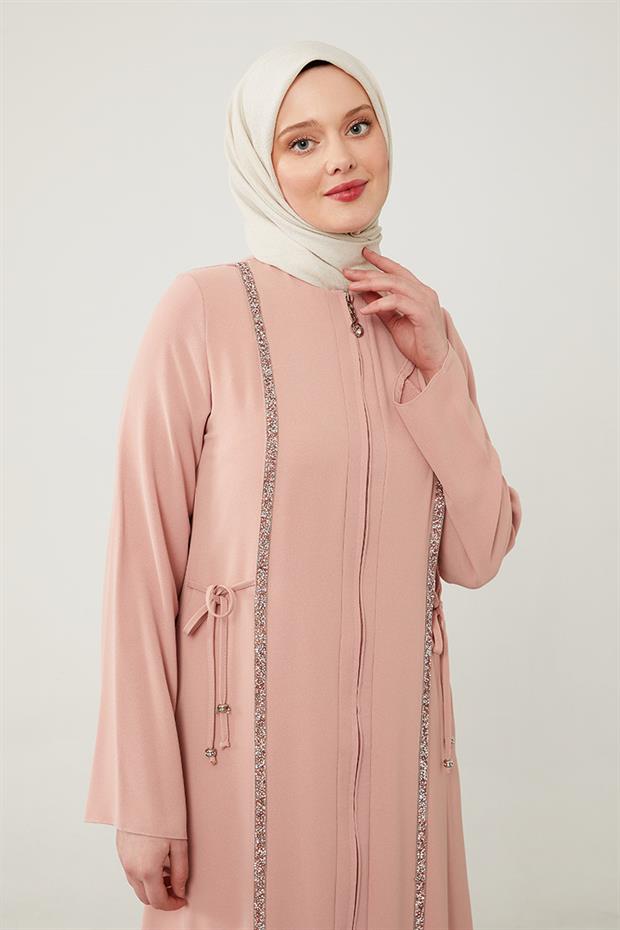 Pudra Yanları İp Bağlamalı Taş İşlemeli Ferace