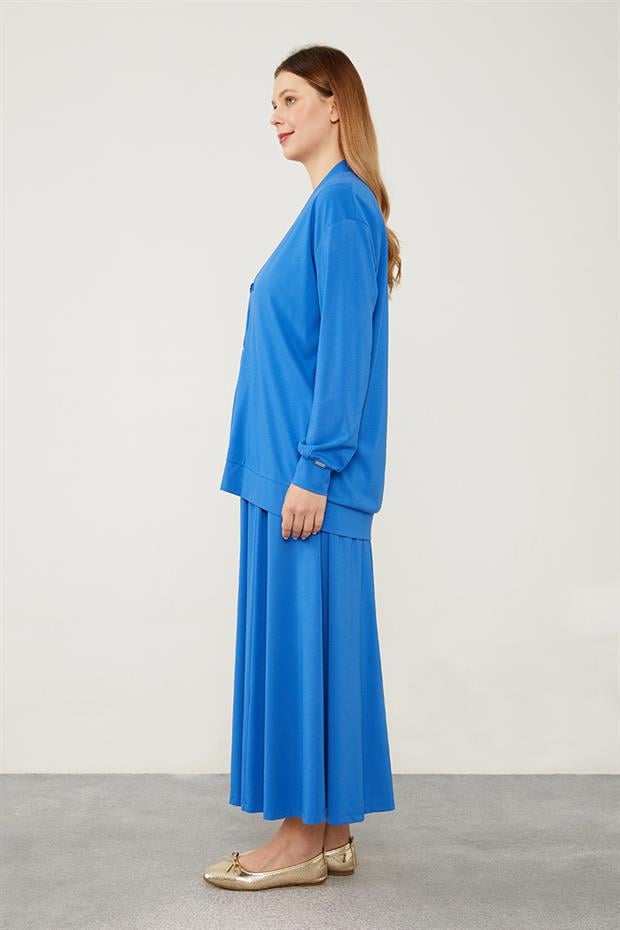 Saks Düğme Kapamalı Hırkalı Etek Takım