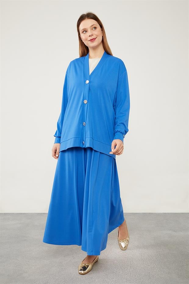 Saks Düğme Kapamalı Hırkalı Etek Takım