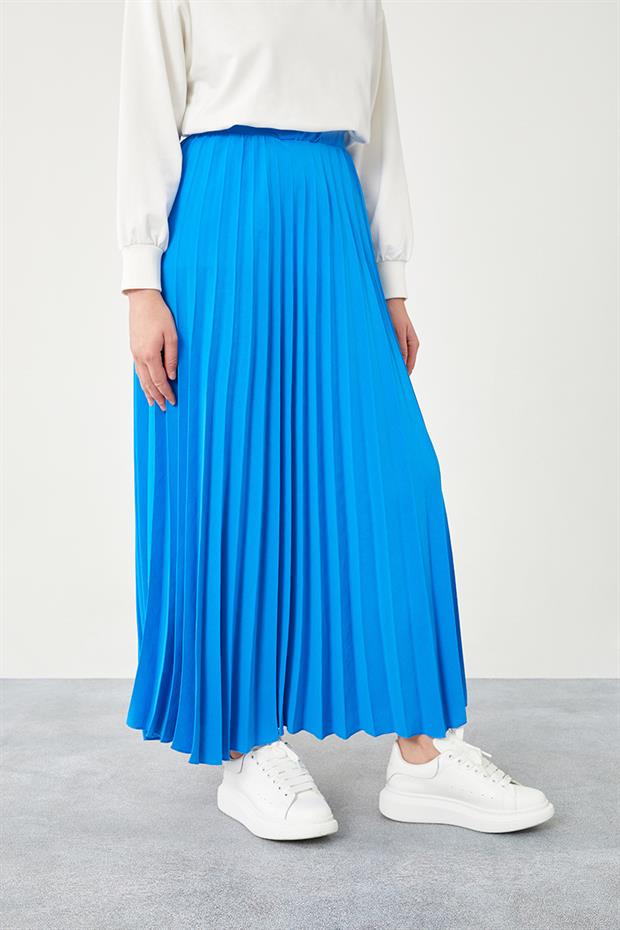Saks Pliseli Beli Lastikli Etek