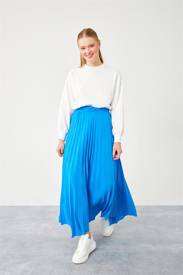 Saks Pliseli Beli Lastikli Etek