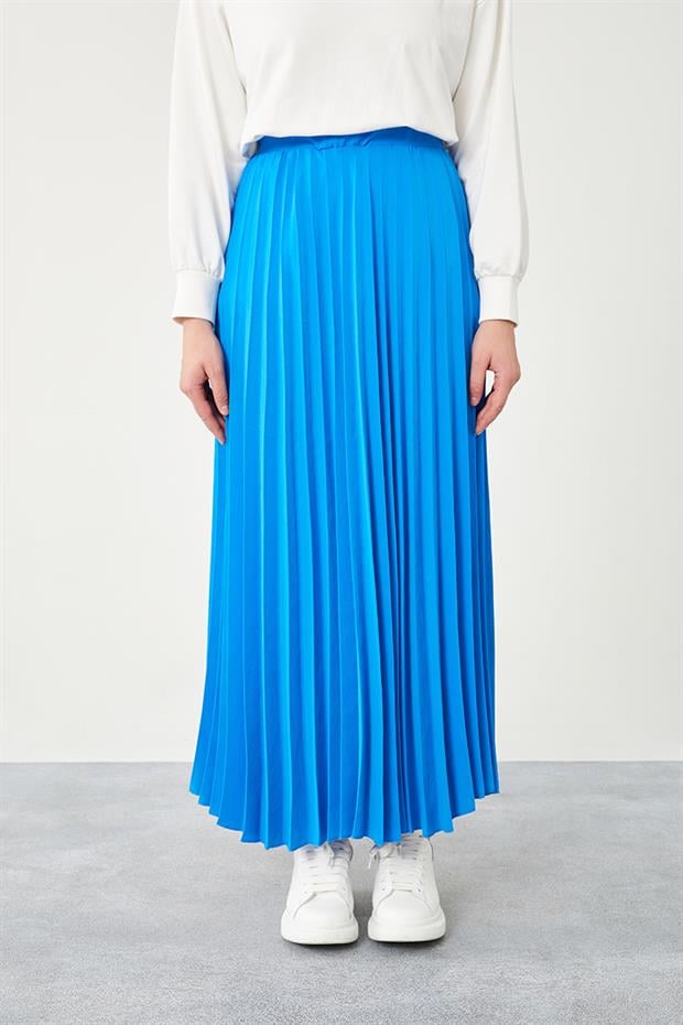 Saks Pliseli Beli Lastikli Etek