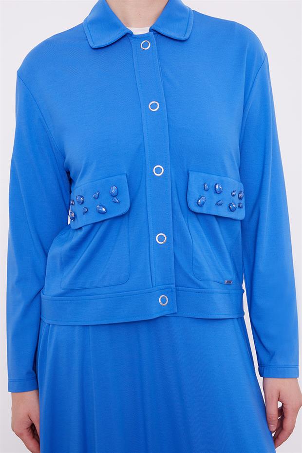 Saks Taş İşleme Kısa Ceketli Etekli Takım