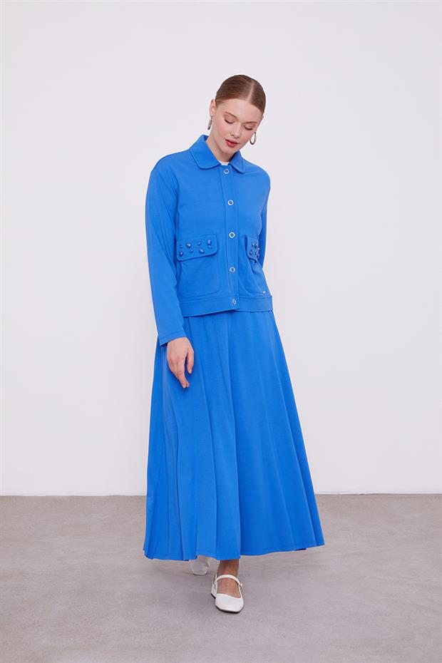 Saks Taş İşleme Kısa Ceketli Etekli Takım