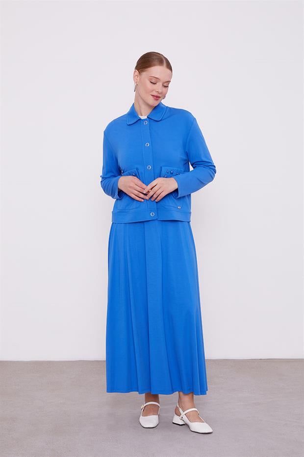 Saks Taş İşleme Kısa Ceketli Etekli Takım