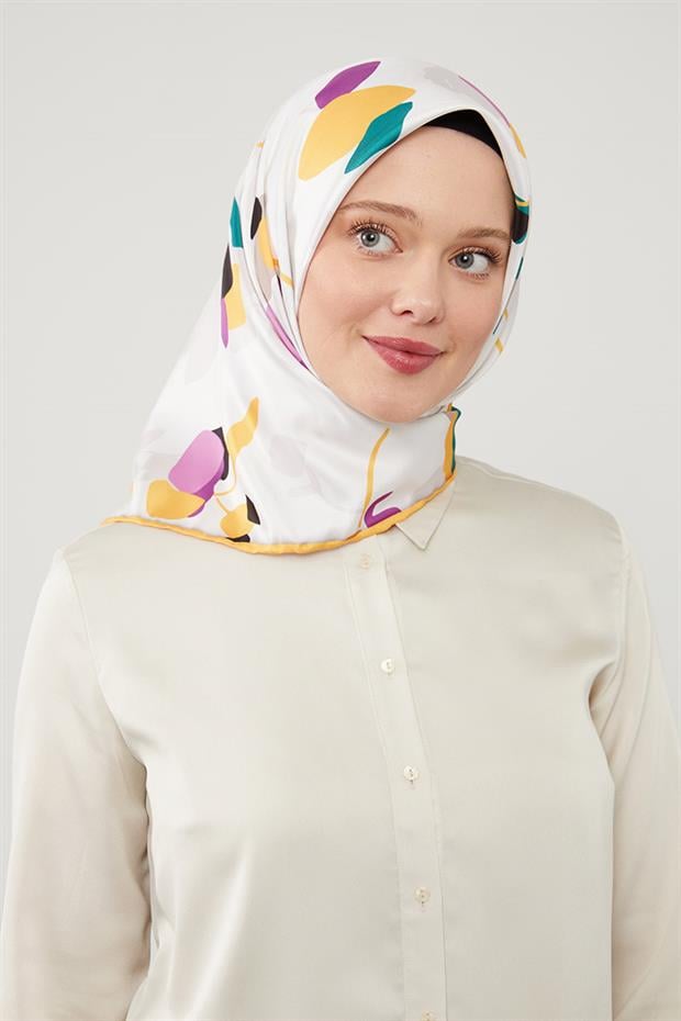 Sarı Asimetrik Deseni Twill Eşarp